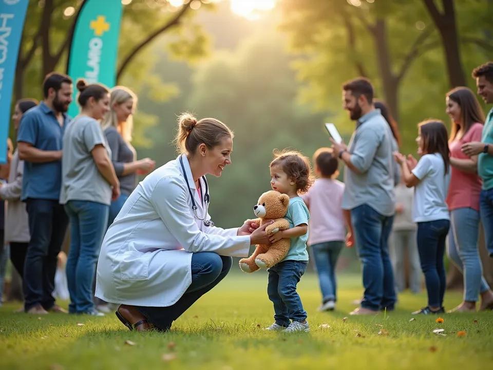 A physician connecting with a child and family at a rural community event